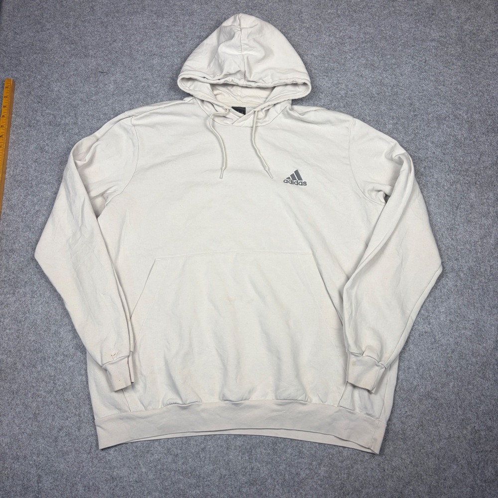 Adidas Mens Hoodie 2XL Cream Off White Fleece Pullover Logo Sweatshirt